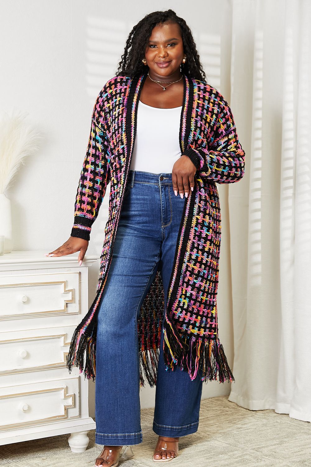 Multicolored Open Front Fringe Hem Cardigan