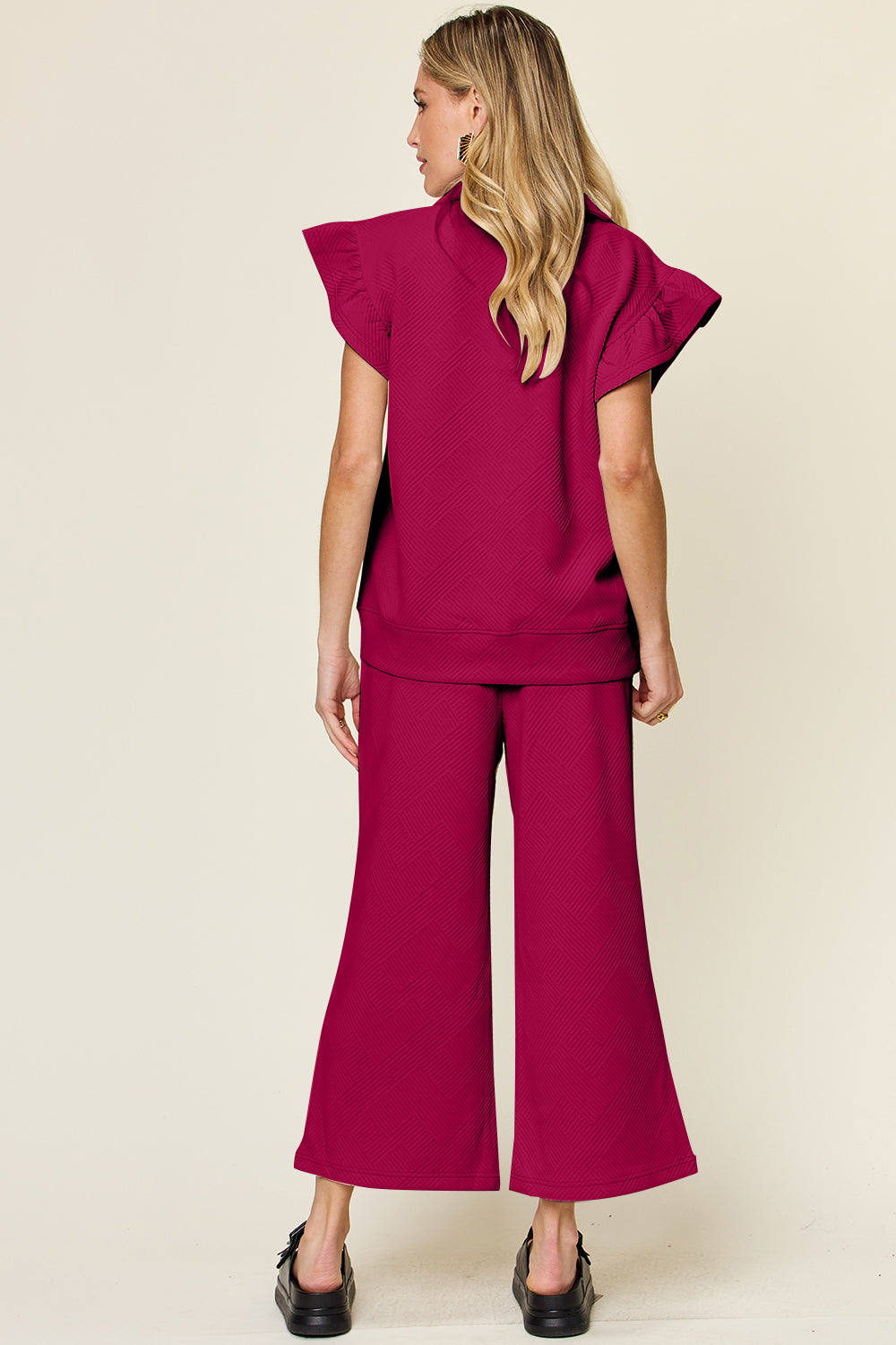 Ruffle Short Sleeve Top and Drawstring Wide Leg Pants Set