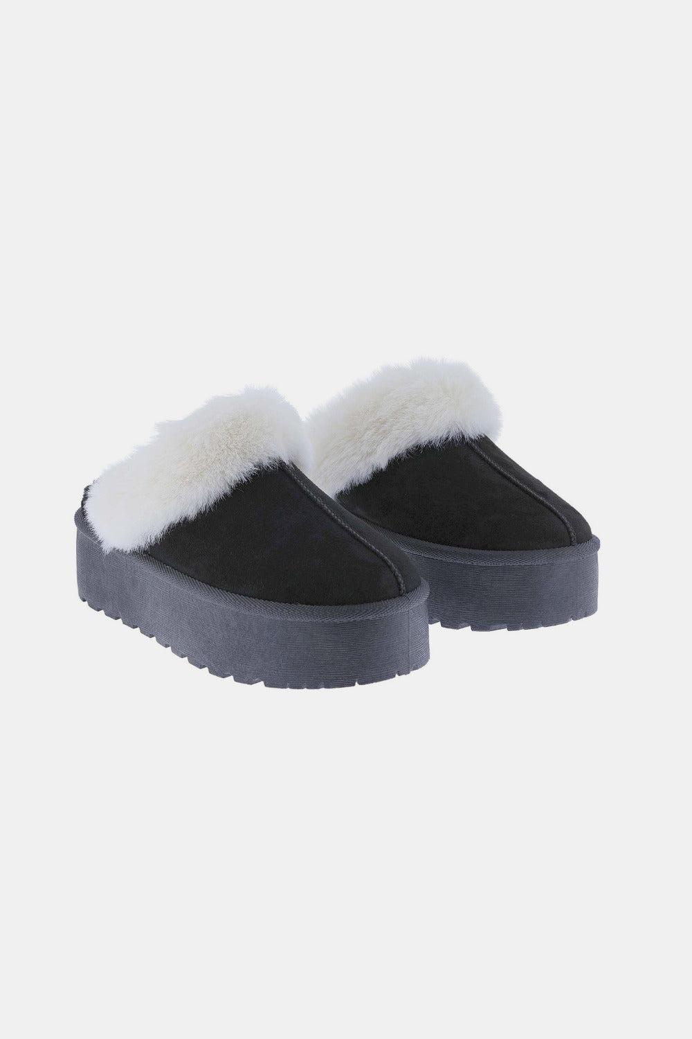 Thick Bottom Fur Trim Snow Slippers - Black