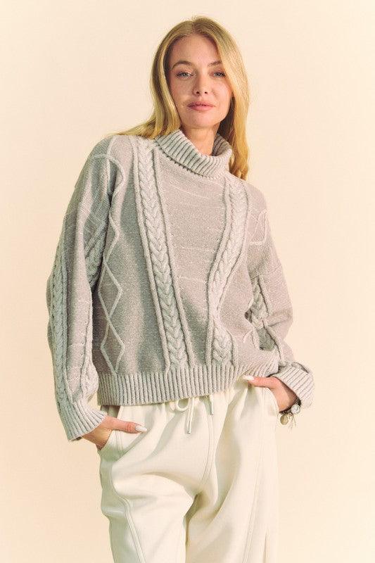 Cable-Knit Turtleneck Dropped Shoulder Sweater - Wildflower Hippies