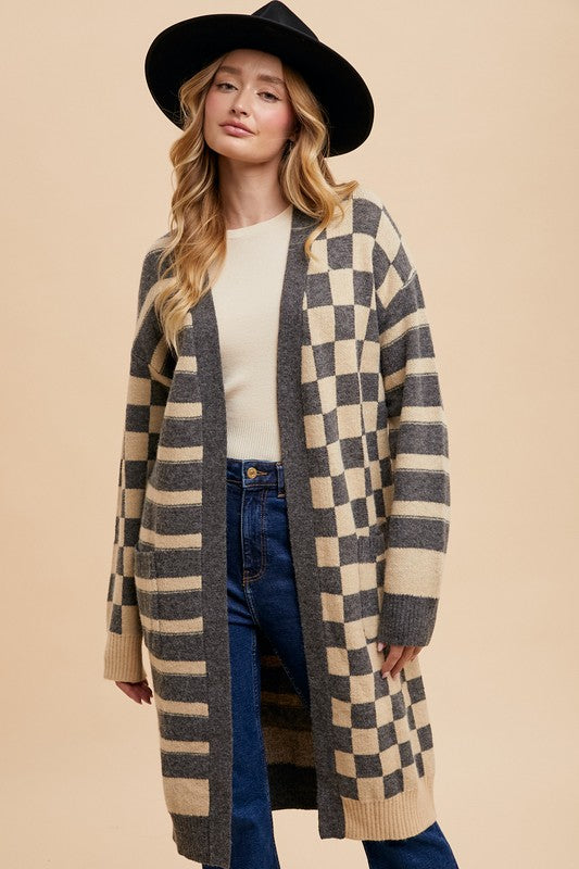 Checkered & Striped Open Front Long Sleeve Cardigan - Wildflower Hippies