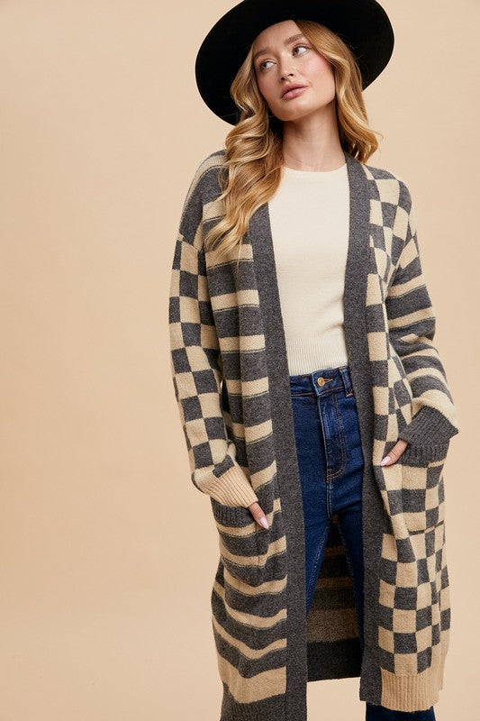 Checkered & Striped Open Front Long Sleeve Cardigan - Wildflower Hippies