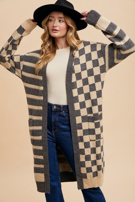 Checkered & Striped Open Front Long Sleeve Cardigan - Wildflower Hippies