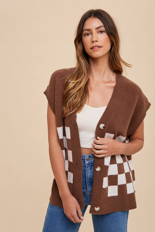 Checkered Button Down Short Sleeve Cardigan - Wildflower Hippies