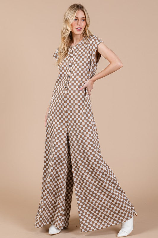 Checkered Half Button Cap Sleeve Jumpsuit - Wildflower Hippies