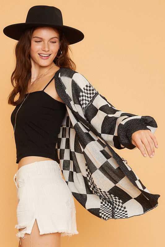 Checkered Open Front Drop Shoulder Cardigan - Wildflower Hippies