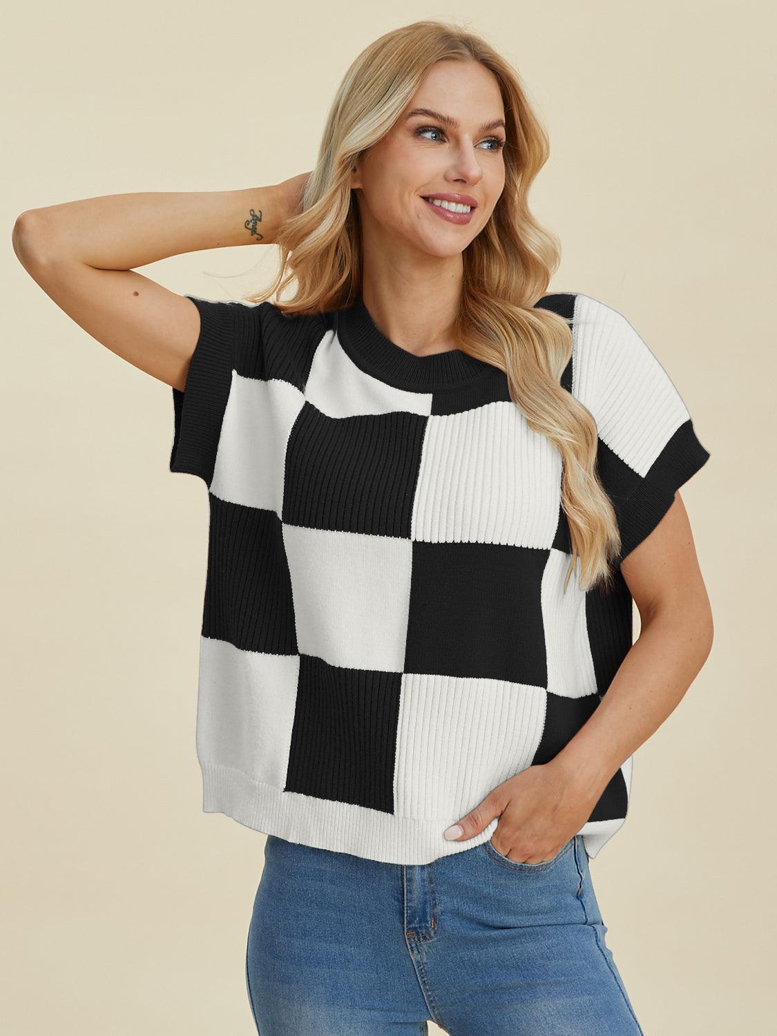 Checkered Round Neck Short Sleeve Sweater - Wildflower Hippies