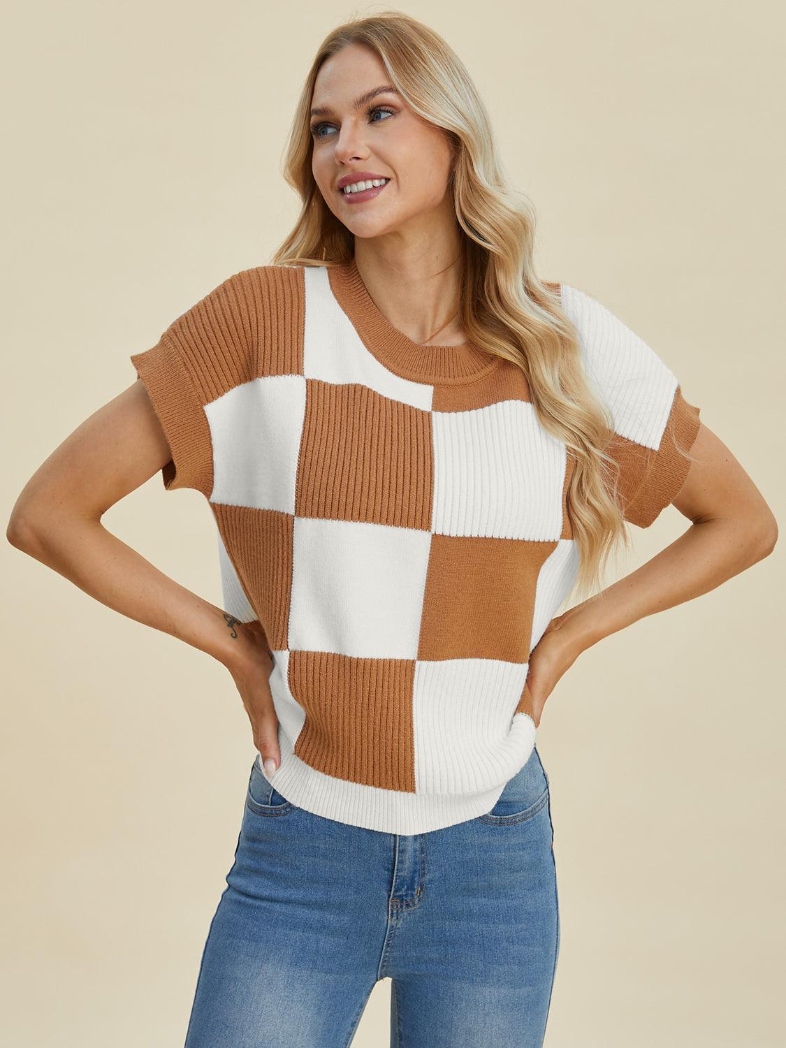 Checkered Round Neck Short Sleeve Sweater - Wildflower Hippies