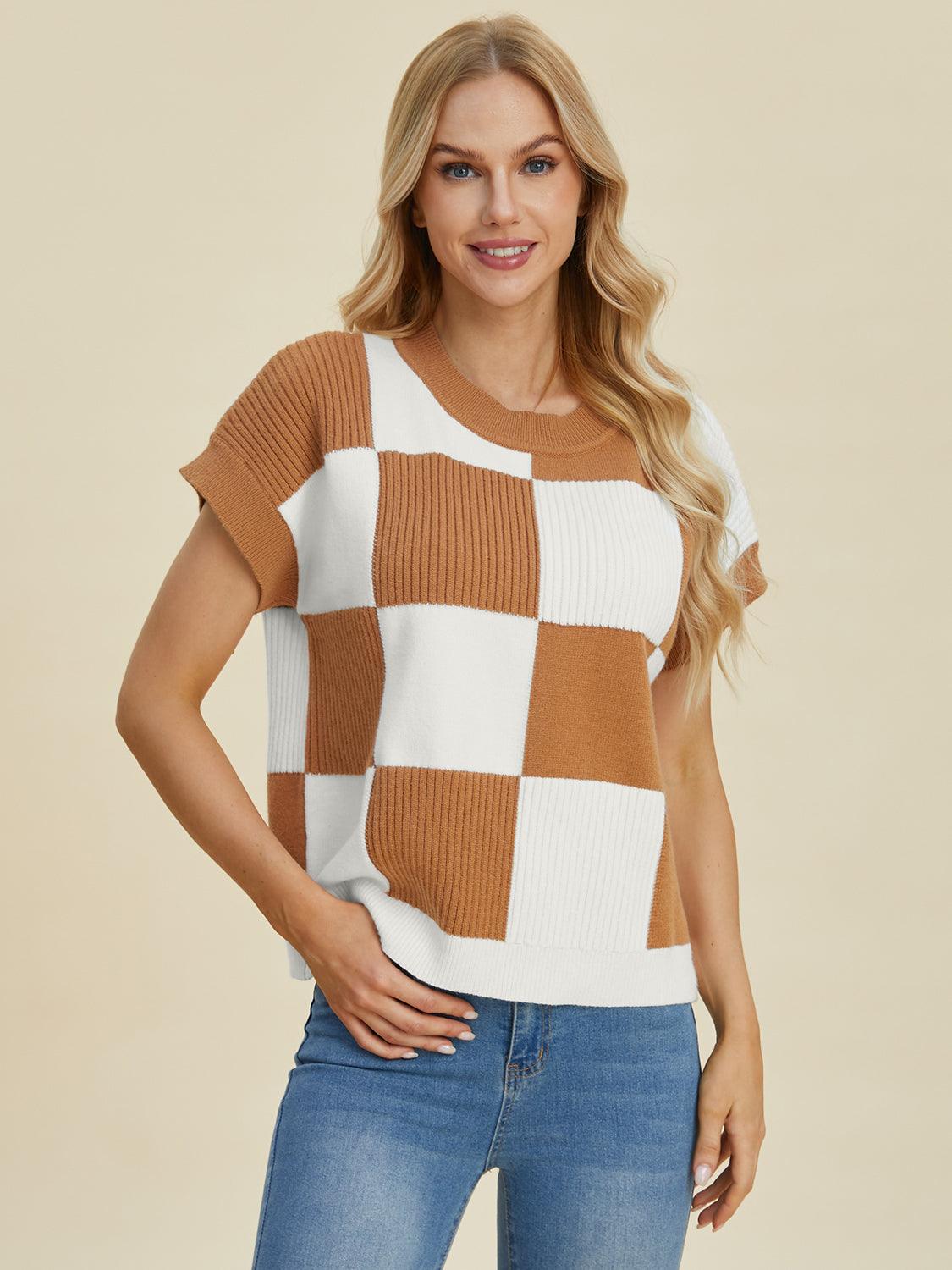 Checkered Round Neck Short Sleeve Sweater - Wildflower Hippies