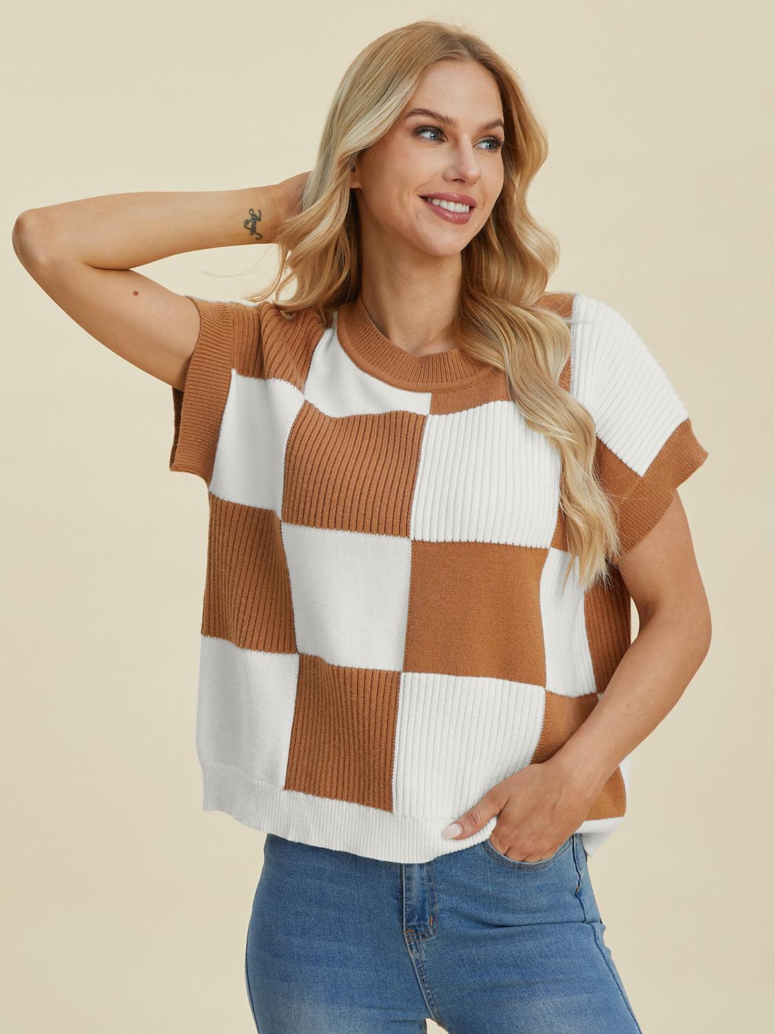 Checkered Round Neck Short Sleeve Sweater - Wildflower Hippies