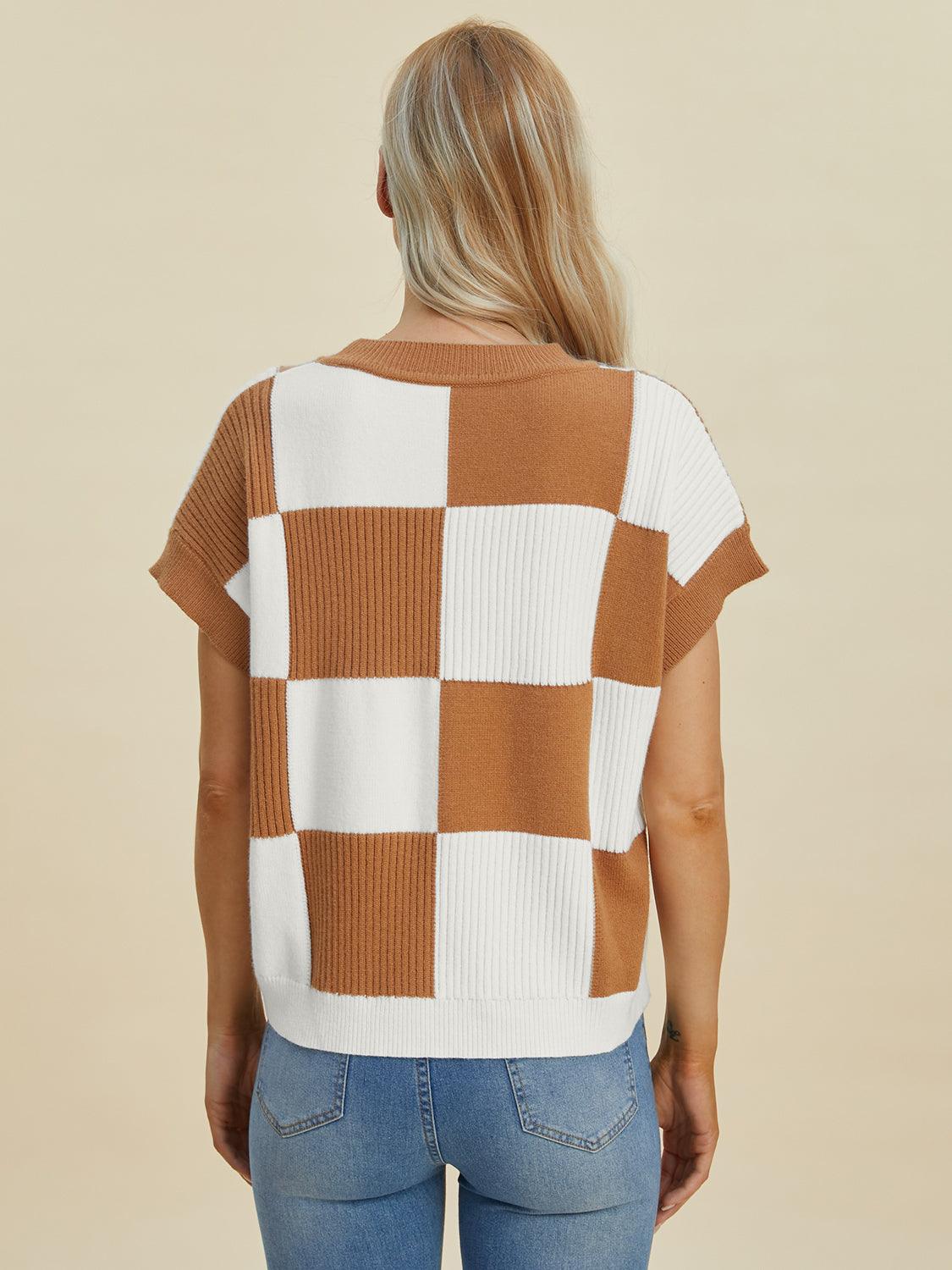 Checkered Round Neck Short Sleeve Sweater - Wildflower Hippies