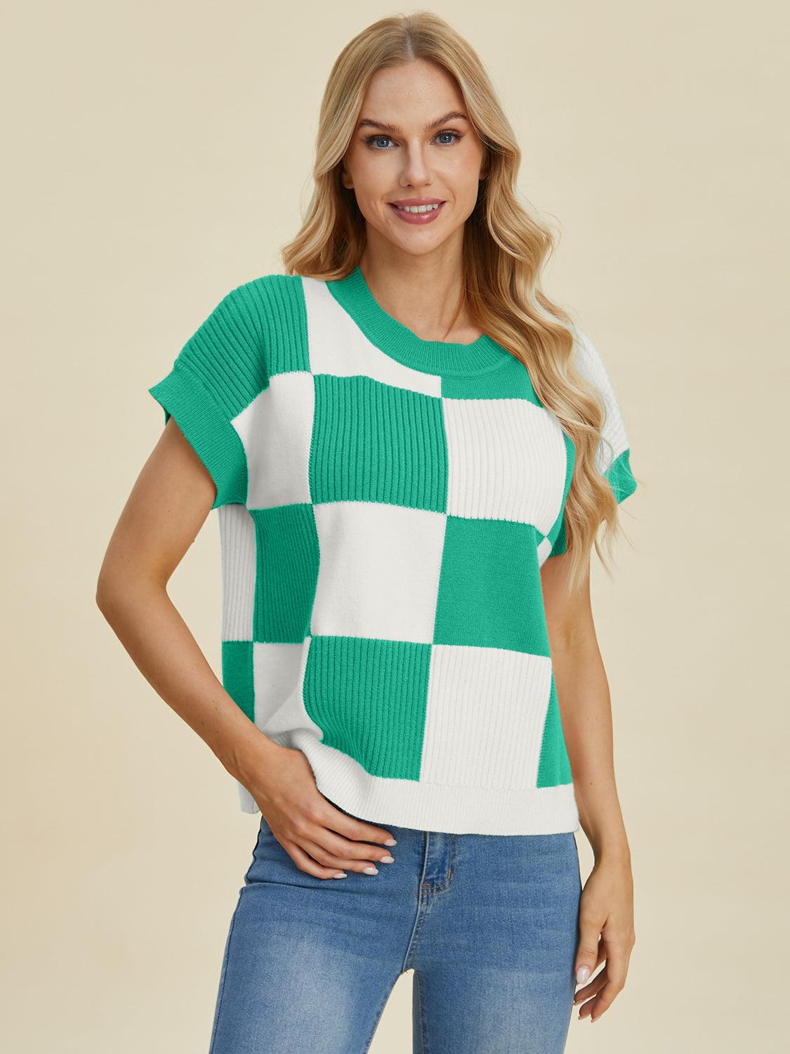 Checkered Round Neck Short Sleeve Sweater - Wildflower Hippies