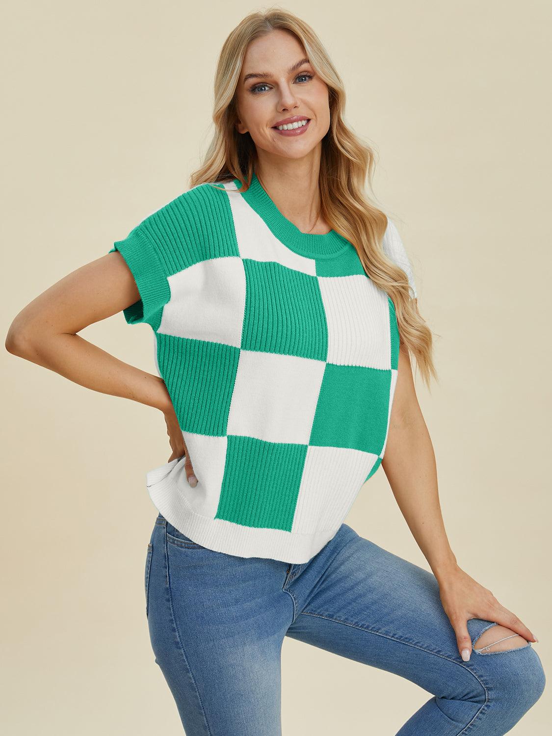 Checkered Round Neck Short Sleeve Sweater - Wildflower Hippies