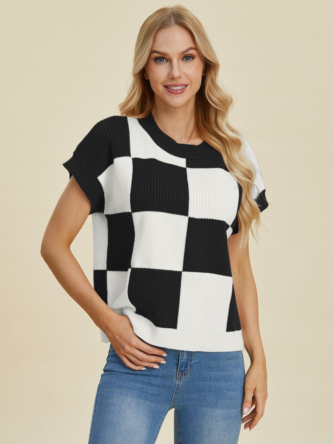 Checkered Round Neck Short Sleeve Sweater - Wildflower Hippies