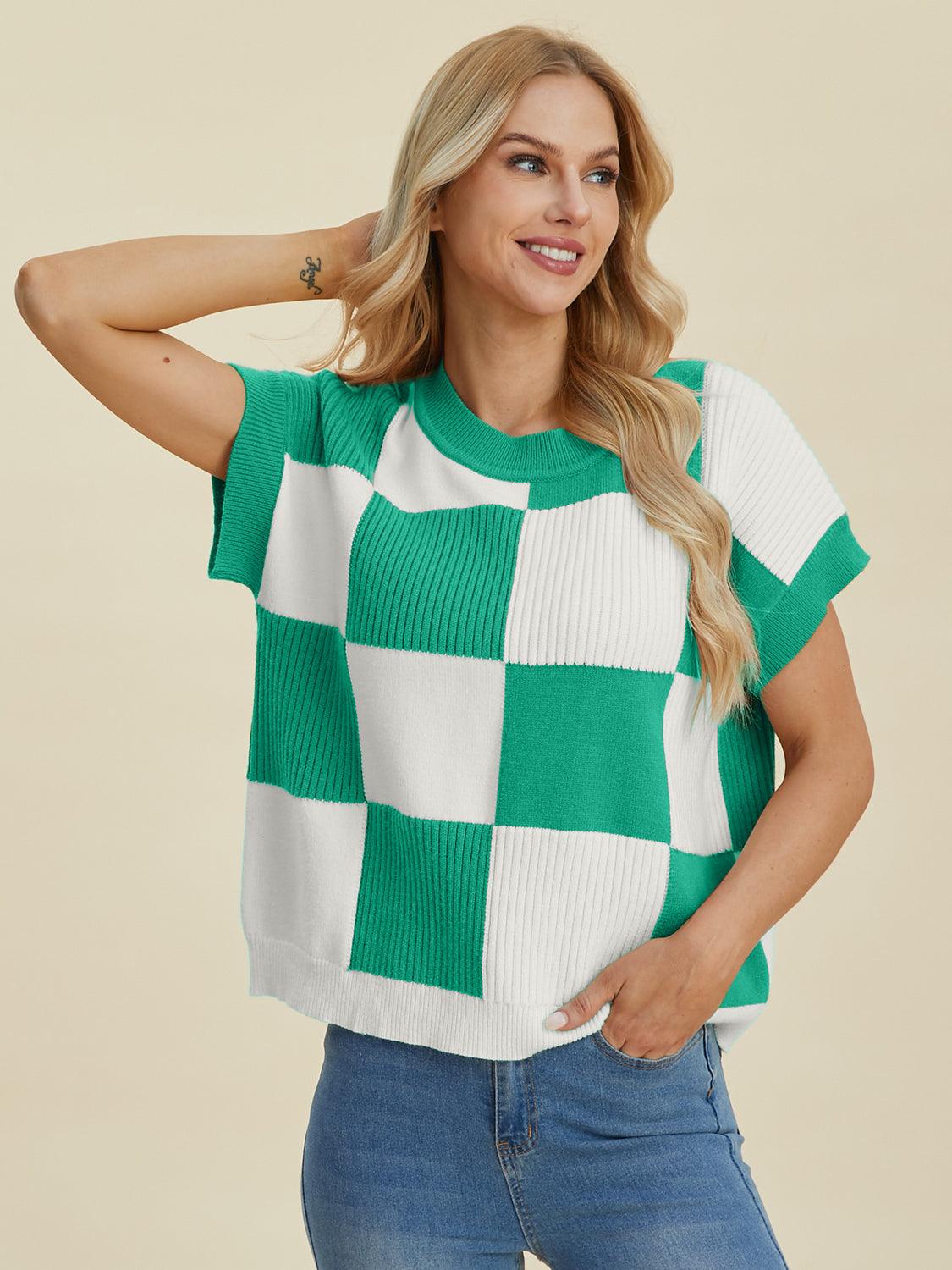 Checkered Round Neck Short Sleeve Sweater - Wildflower Hippies