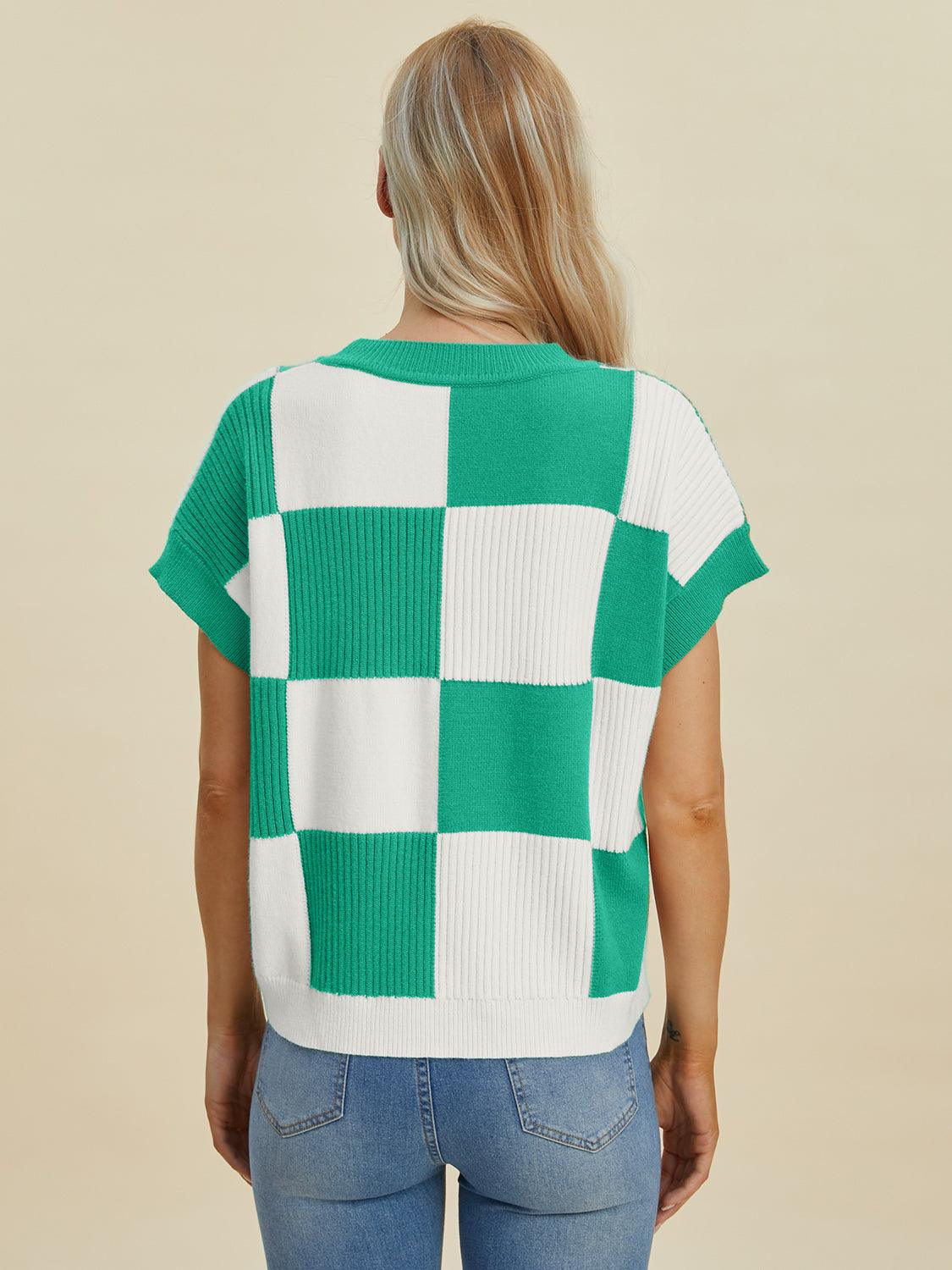 Checkered Round Neck Short Sleeve Sweater - Wildflower Hippies