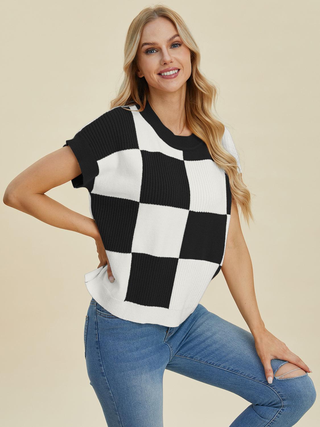 Checkered Round Neck Short Sleeve Sweater - Wildflower Hippies