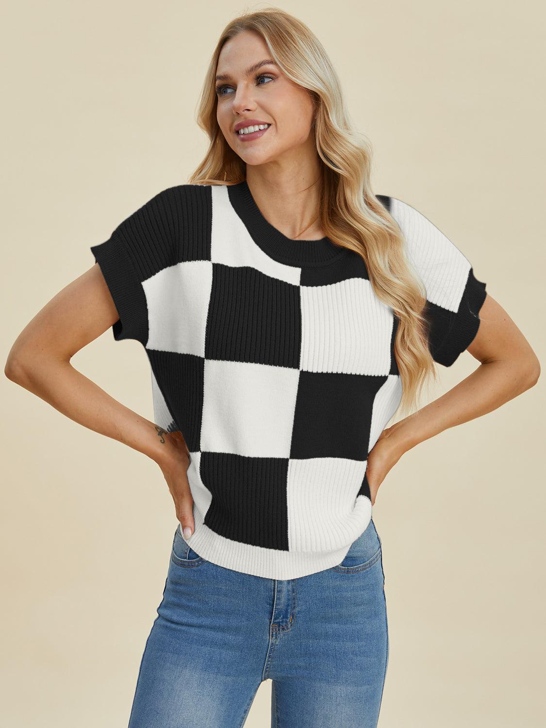 Checkered Round Neck Short Sleeve Sweater - Wildflower Hippies