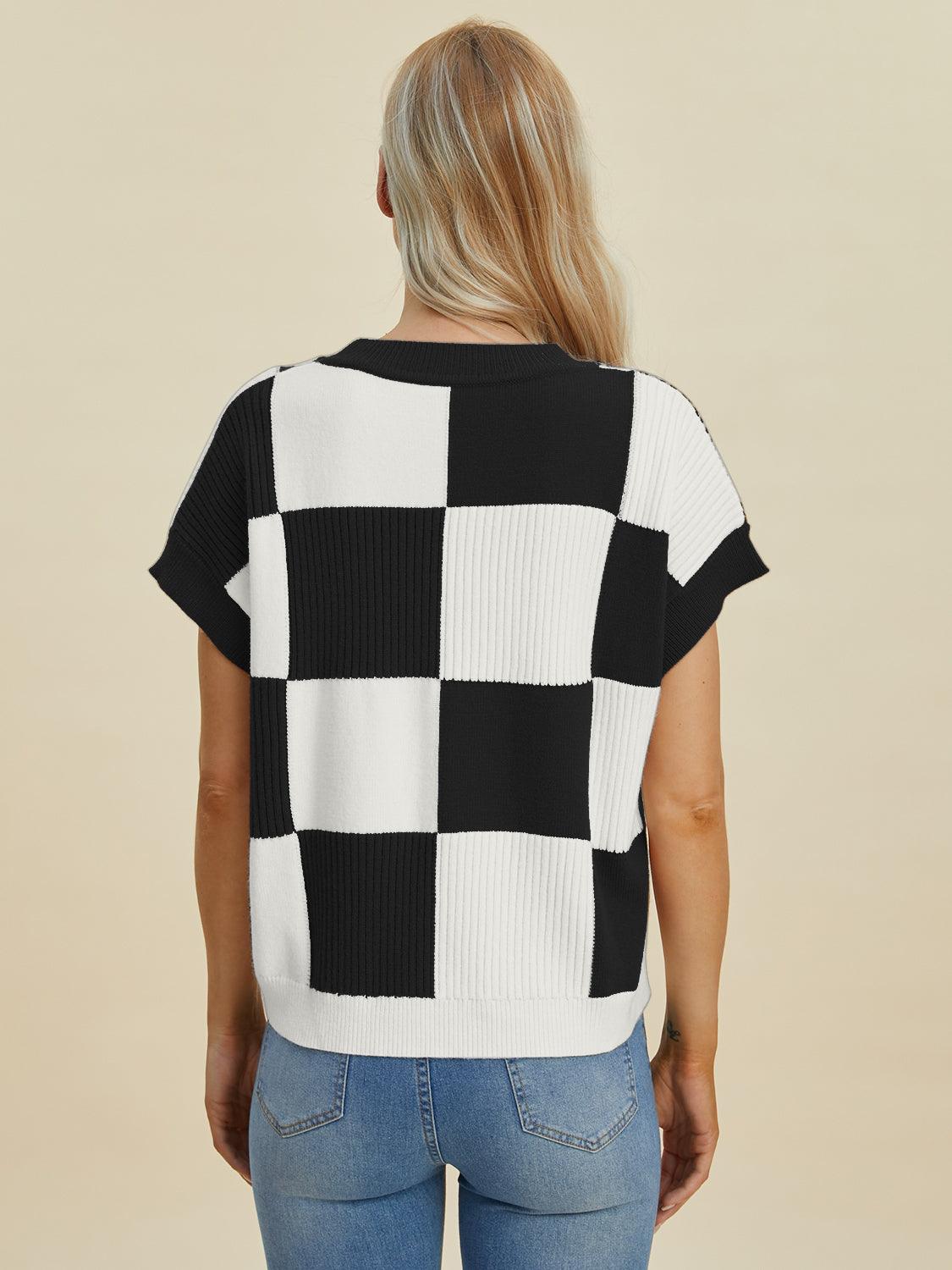 Checkered Round Neck Short Sleeve Sweater - Wildflower Hippies