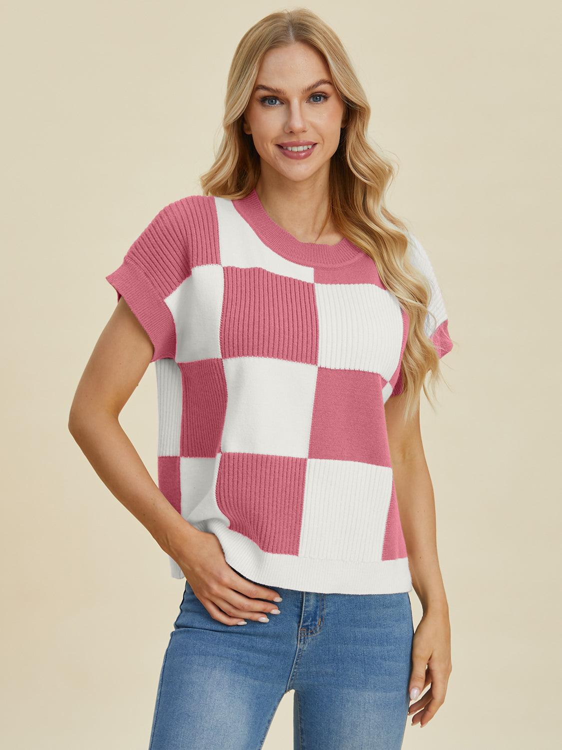 Checkered Round Neck Short Sleeve Sweater - Wildflower Hippies