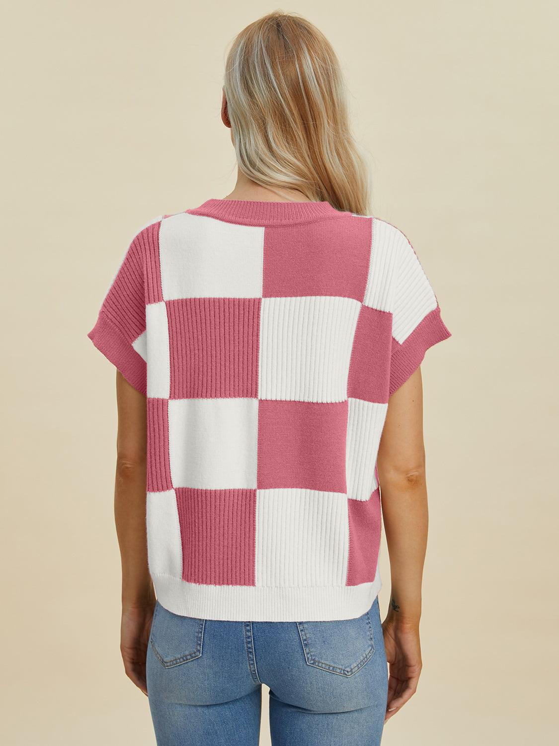 Checkered Round Neck Short Sleeve Sweater - Wildflower Hippies