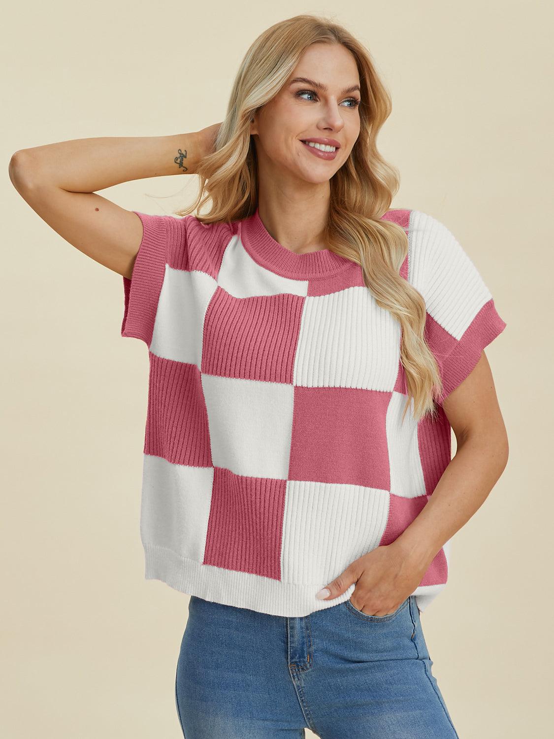 Checkered Round Neck Short Sleeve Sweater - Wildflower Hippies