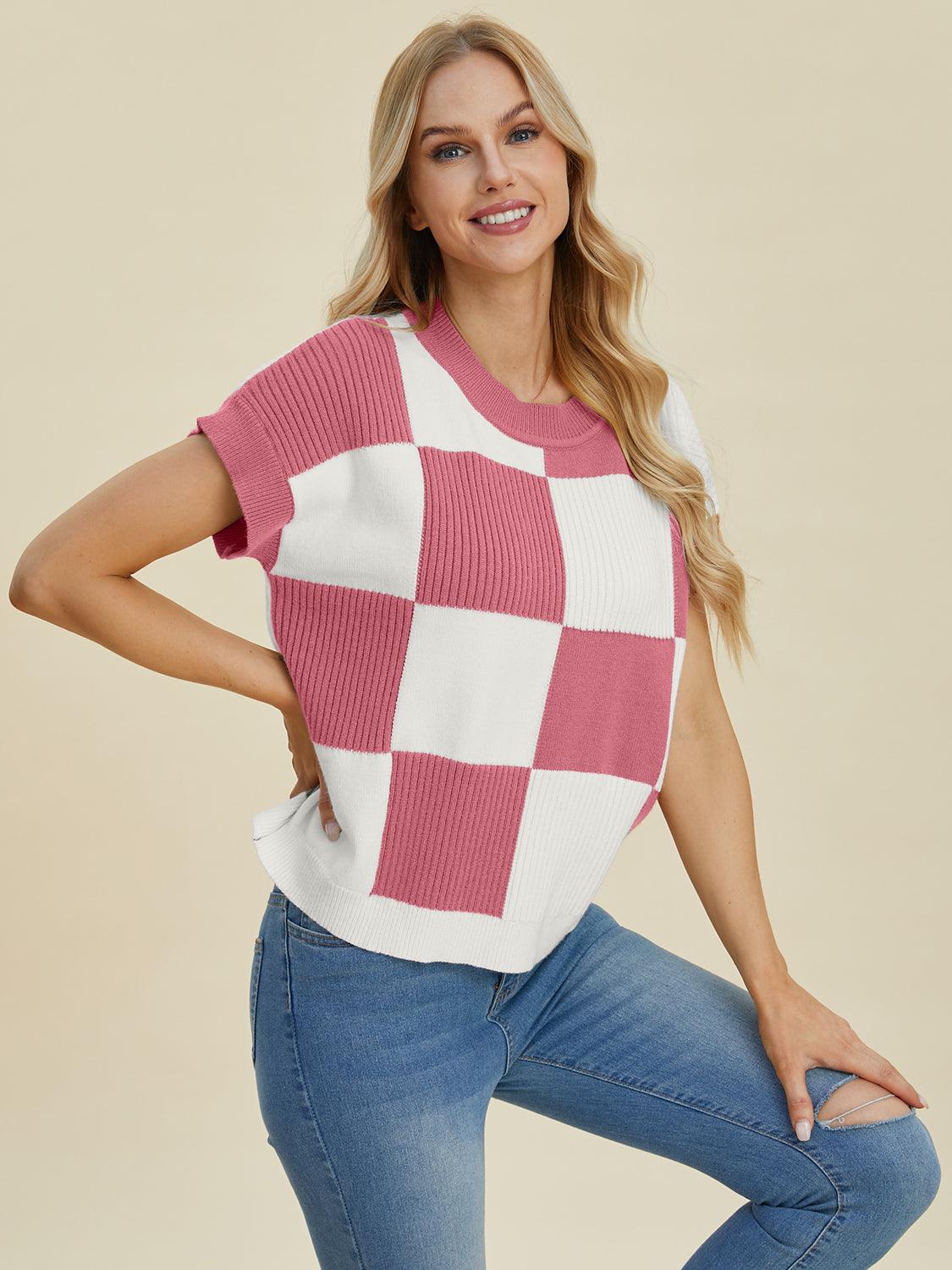 Checkered Round Neck Short Sleeve Sweater - Wildflower Hippies