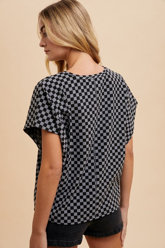 Checkered Round Neck Short Sleeve T-Shirt - Wildflower Hippies