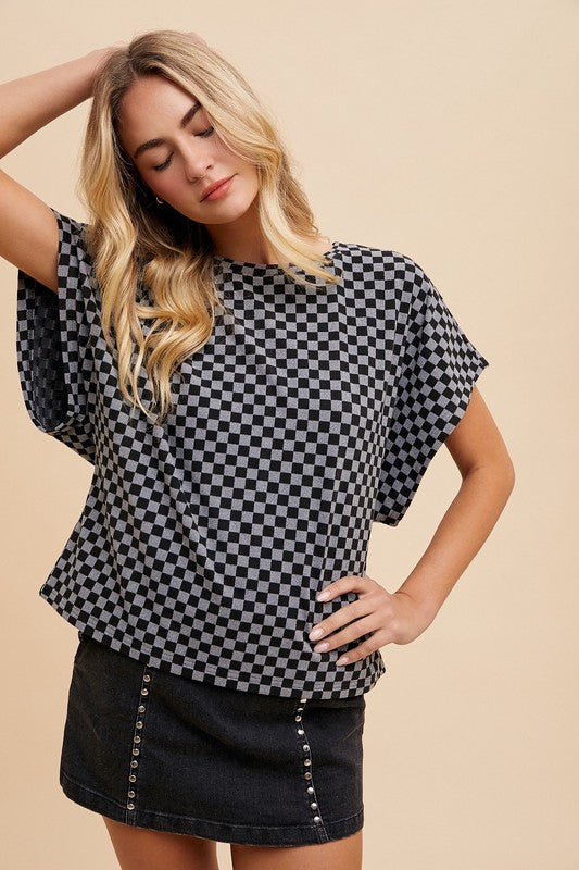 Checkered Round Neck Short Sleeve T-Shirt - Wildflower Hippies