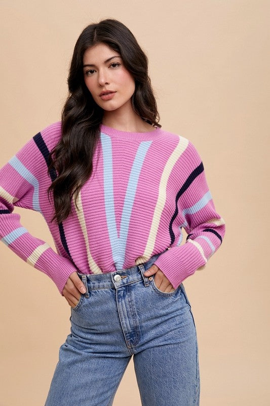 Chevron Stripe Round Neck Ribbed Sweater - Wildflower Hippies