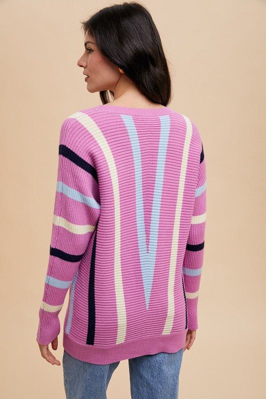 Chevron Stripe Round Neck Ribbed Sweater - Wildflower Hippies