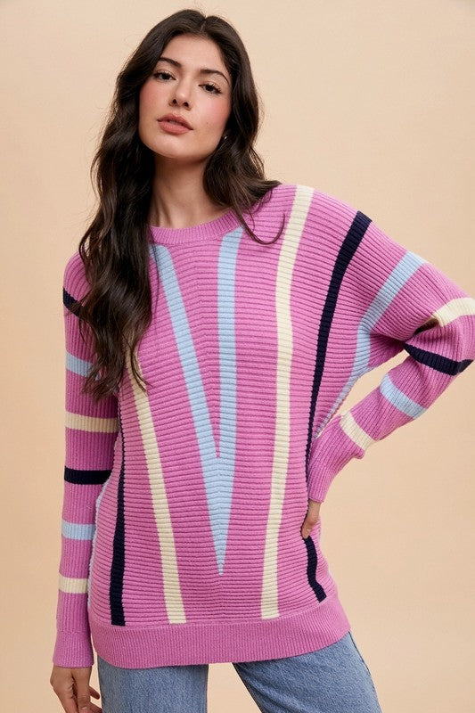 Chevron Stripe Round Neck Ribbed Sweater - Wildflower Hippies