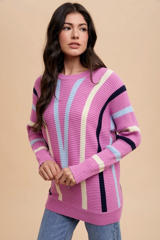 Chevron Stripe Round Neck Ribbed Sweater - Wildflower Hippies