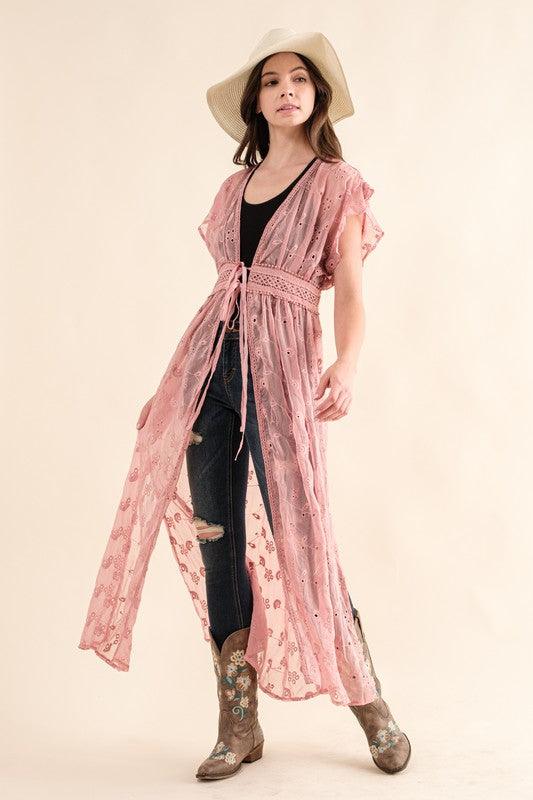 Chiffon Embroidery Lace Kimono Duster Cardigan - Wildflower Hippies