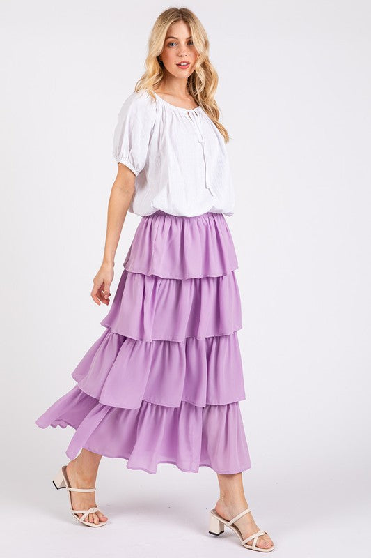 Chiffon Ruffle Layer Elastic Waist Midi Skirt - Wildflower Hippies