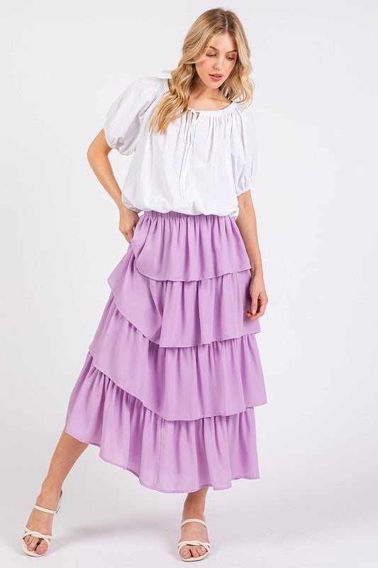 Chiffon Ruffle Layer Elastic Waist Midi Skirt - Wildflower Hippies