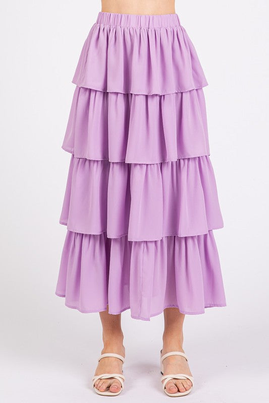 Chiffon Ruffle Layer Elastic Waist Midi Skirt - Wildflower Hippies