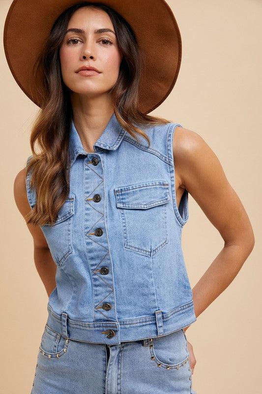 Collared Neck Button Down Denim Vest - Wildflower Hippies