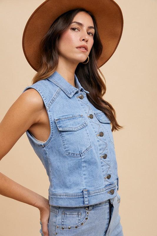 Collared Neck Button Down Denim Vest - Wildflower Hippies