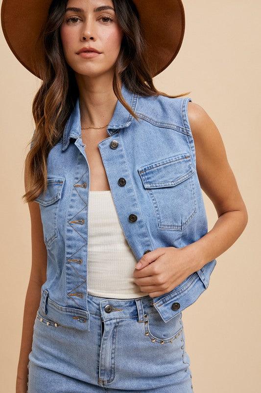 Collared Neck Button Down Denim Vest - Wildflower Hippies