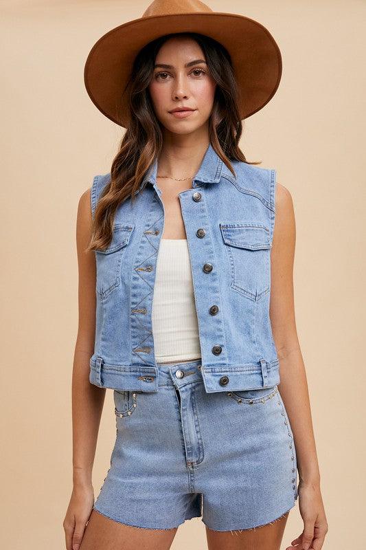 Collared Neck Button Down Denim Vest - Wildflower Hippies