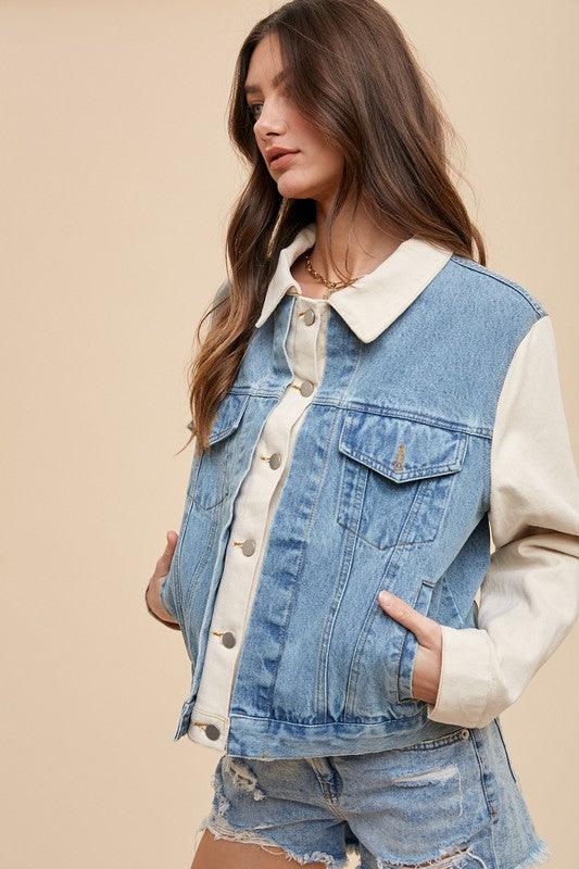 Collared Neck Double Placket Denim Jacket - Wildflower Hippies