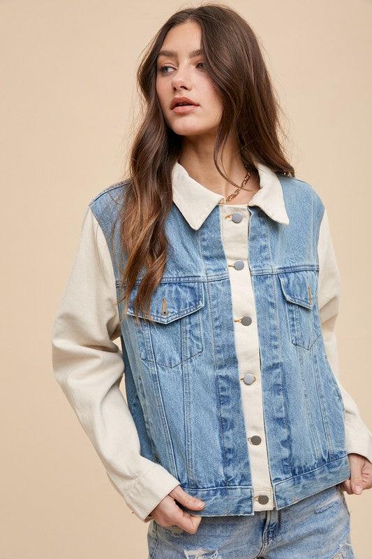 Collared Neck Double Placket Denim Jacket - Wildflower Hippies