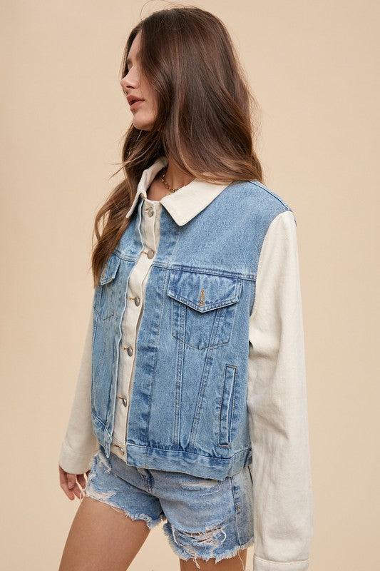 Collared Neck Double Placket Denim Jacket - Wildflower Hippies