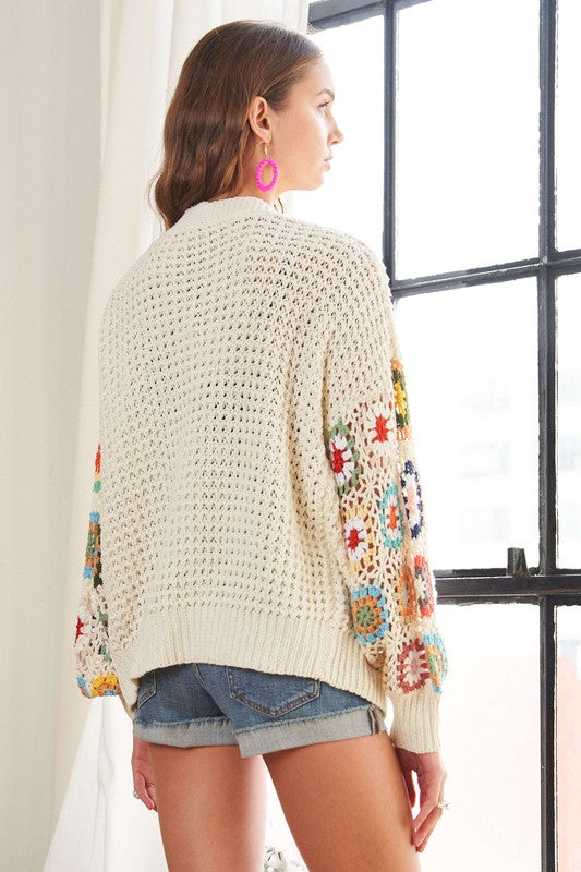 Contrast Crochet Open Front Long Sleeve Cardigan - Wildflower Hippies