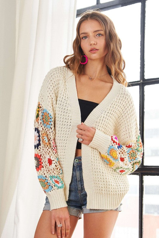 Contrast Crochet Open Front Long Sleeve Cardigan - Wildflower Hippies