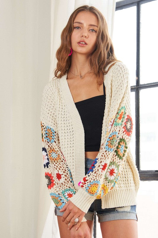 Contrast Crochet Open Front Long Sleeve Cardigan - Wildflower Hippies