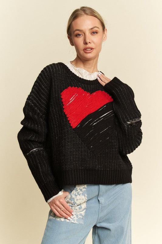 Contrast Heart Dropped Shoulder Sweater - Wildflower Hippies