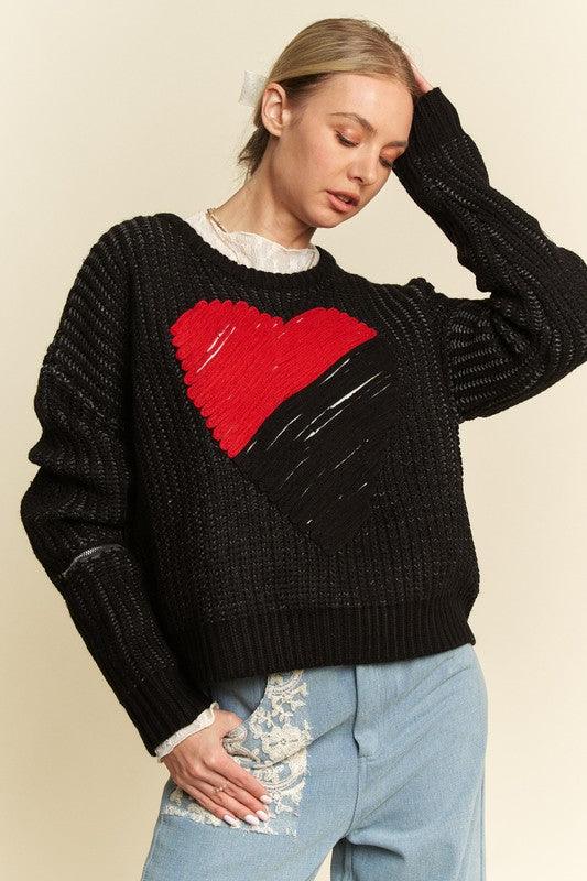 Contrast Heart Dropped Shoulder Sweater - Wildflower Hippies