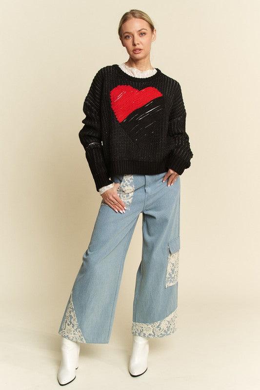 Contrast Heart Dropped Shoulder Sweater - Wildflower Hippies